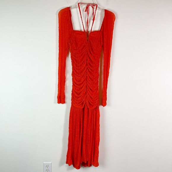 Ganni NWOT Orange Ruched Lace Midi Dress Size 6 - Picture 2 of 12